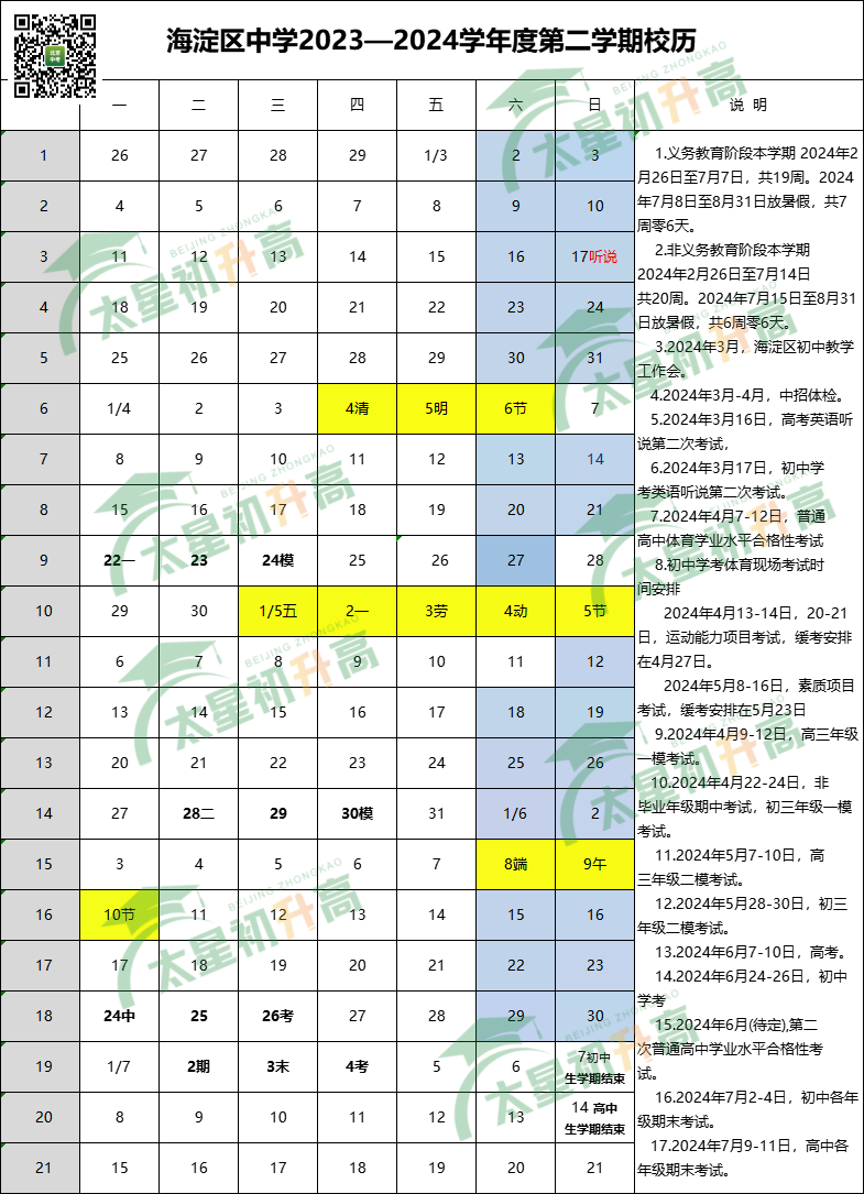 2024海淀区第二学期校历 北京中考时间