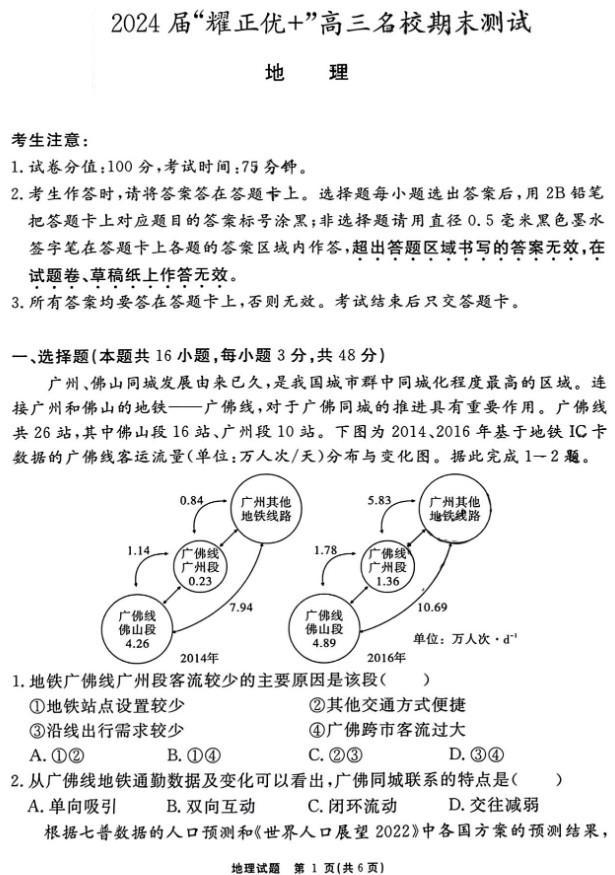 安徽省2024届“耀正优+”高三名校期末地理试题及答案