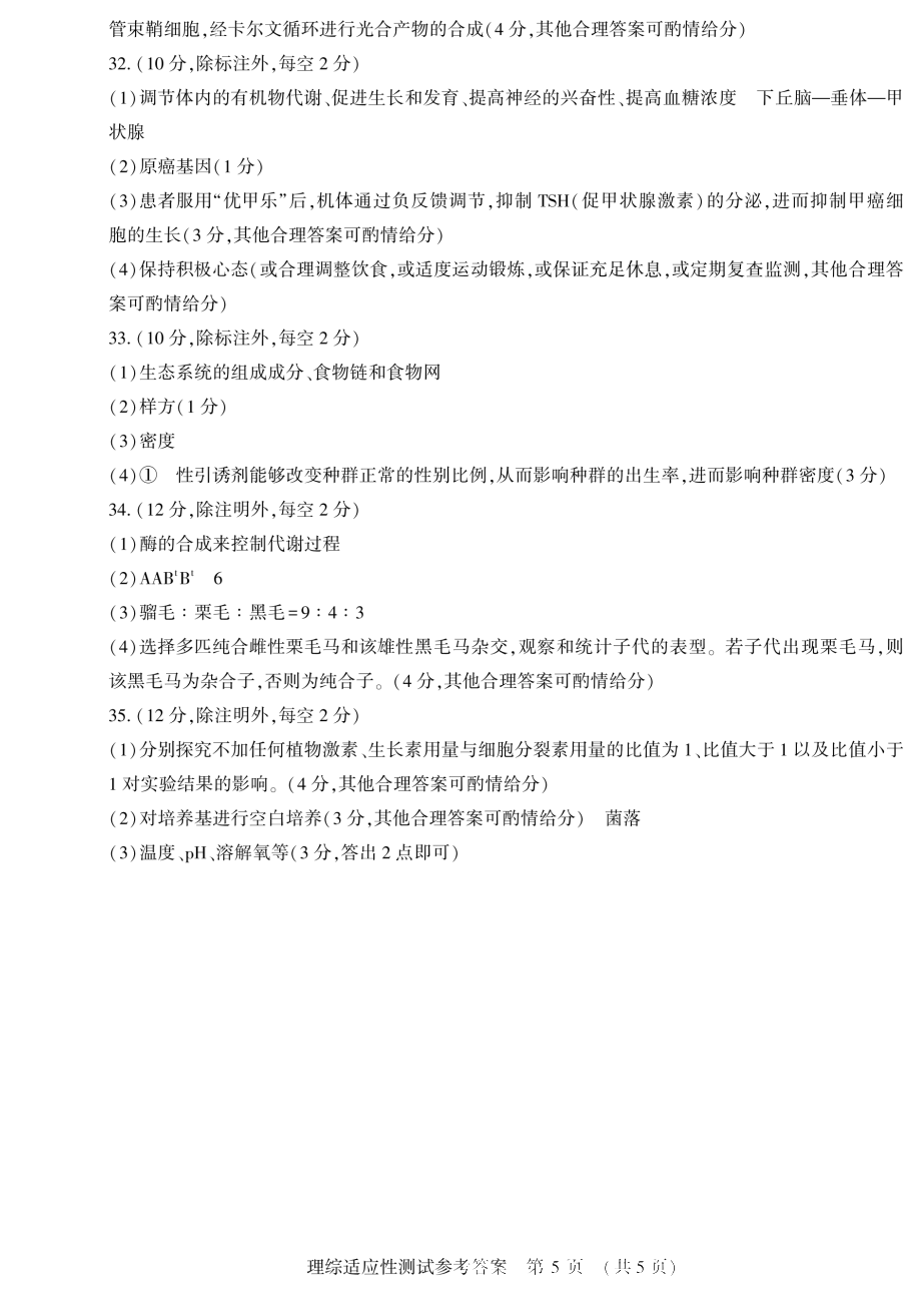 河南省2024届高三第二次适应性测试理科综合答案