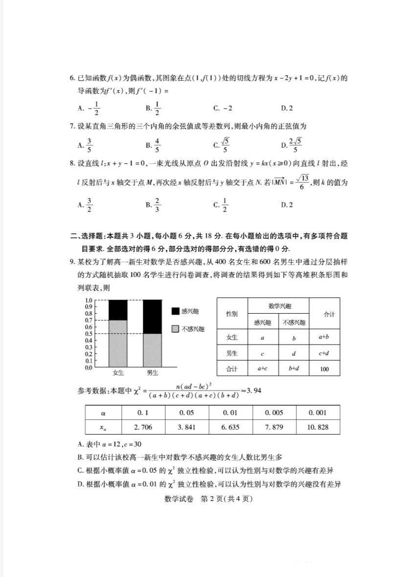 湖北省八市2024届高三联考数学试题及答案