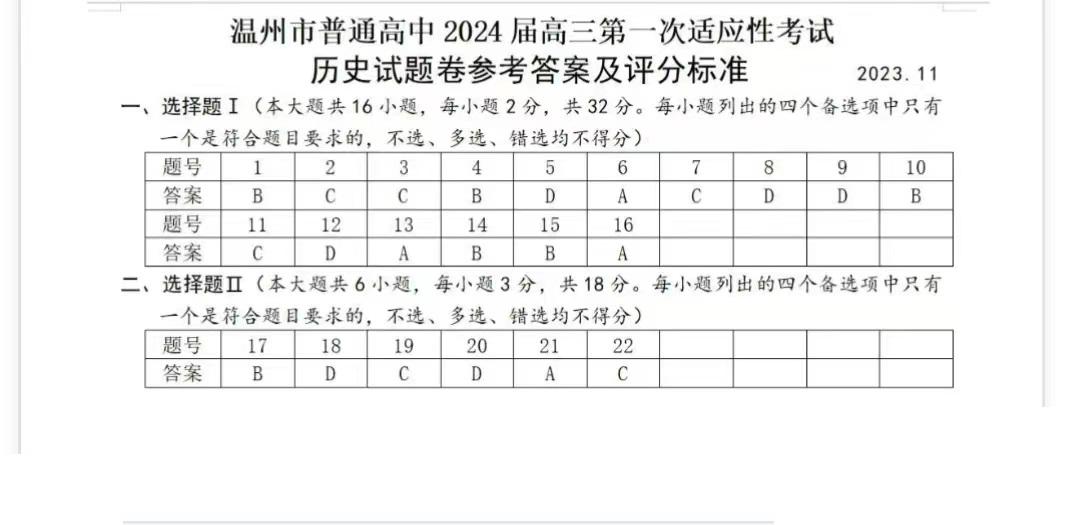 浙江省2024届温州高三一模历史答案_自主选拔在线