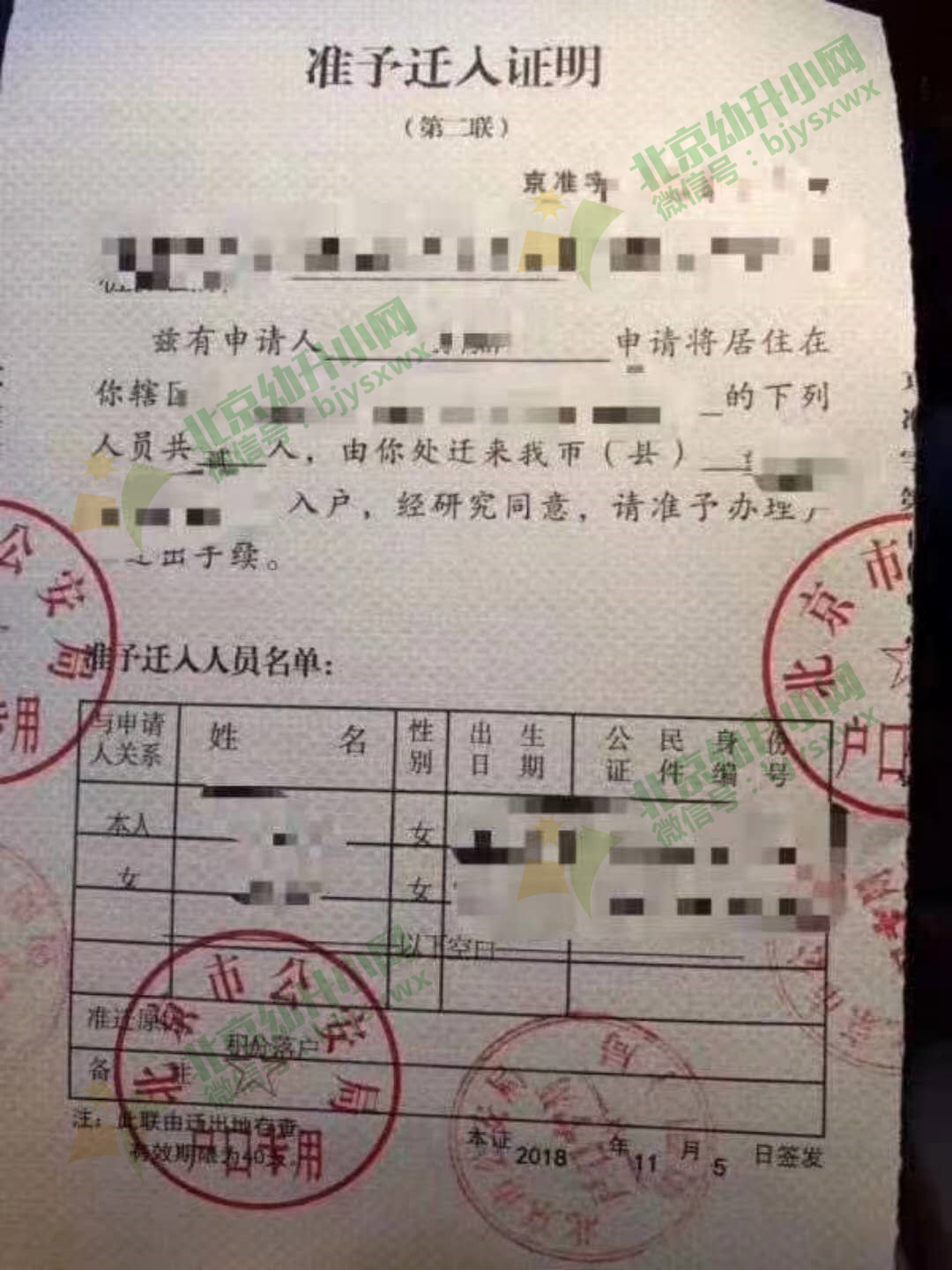 2018年北京市首批积分落户迁入证