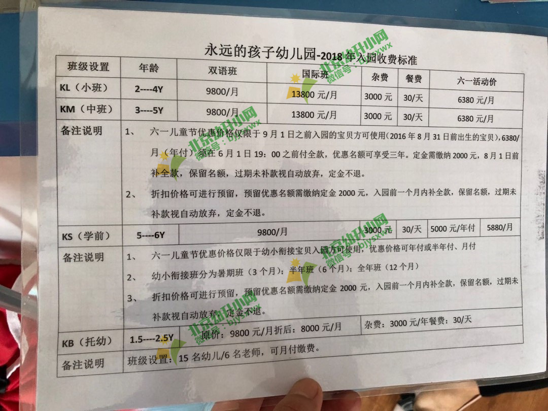 2018年西城区永远的孩子幼儿园收费标准