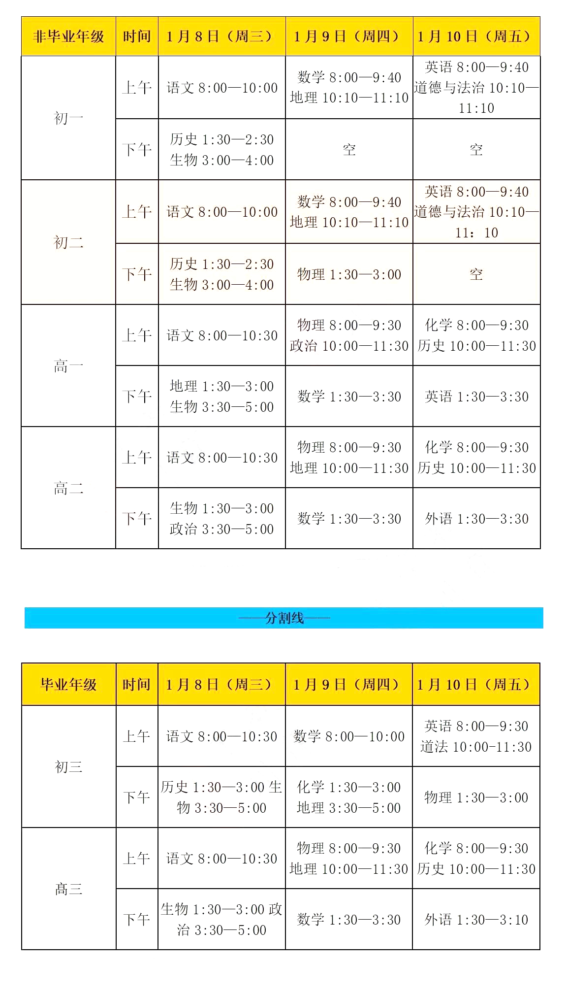 西城区2019-2020高中各年级期末考试安排