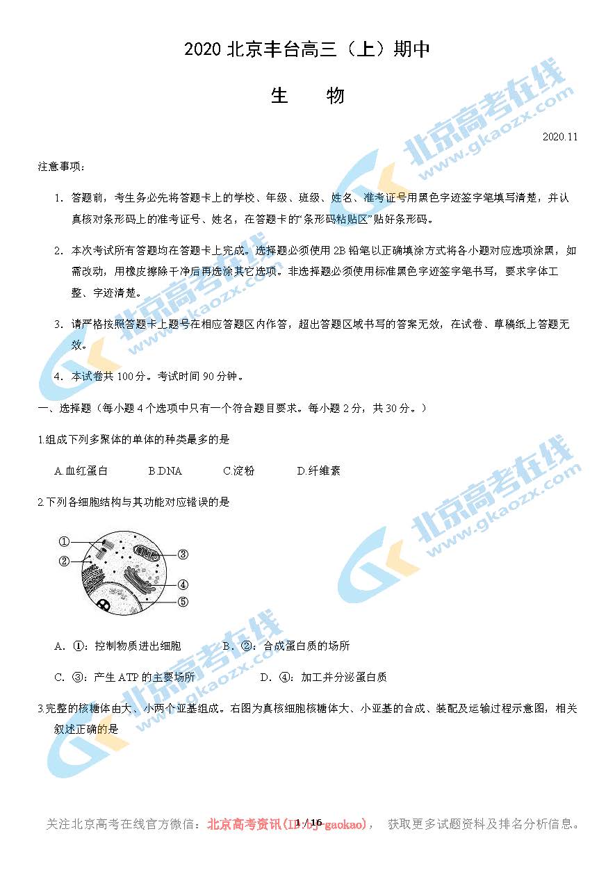 2020-2021学年北京丰台区高三期中生物试题及答案